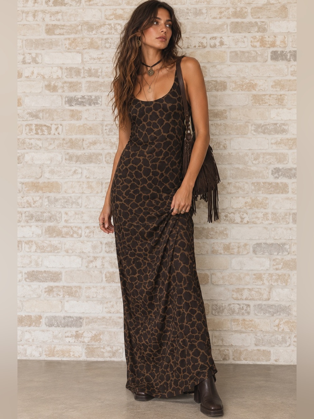 Vintage 100% Silk Giraffe Print Maxi Dress Y2K Whimsigoth Strappy Back Sz 6 Boho